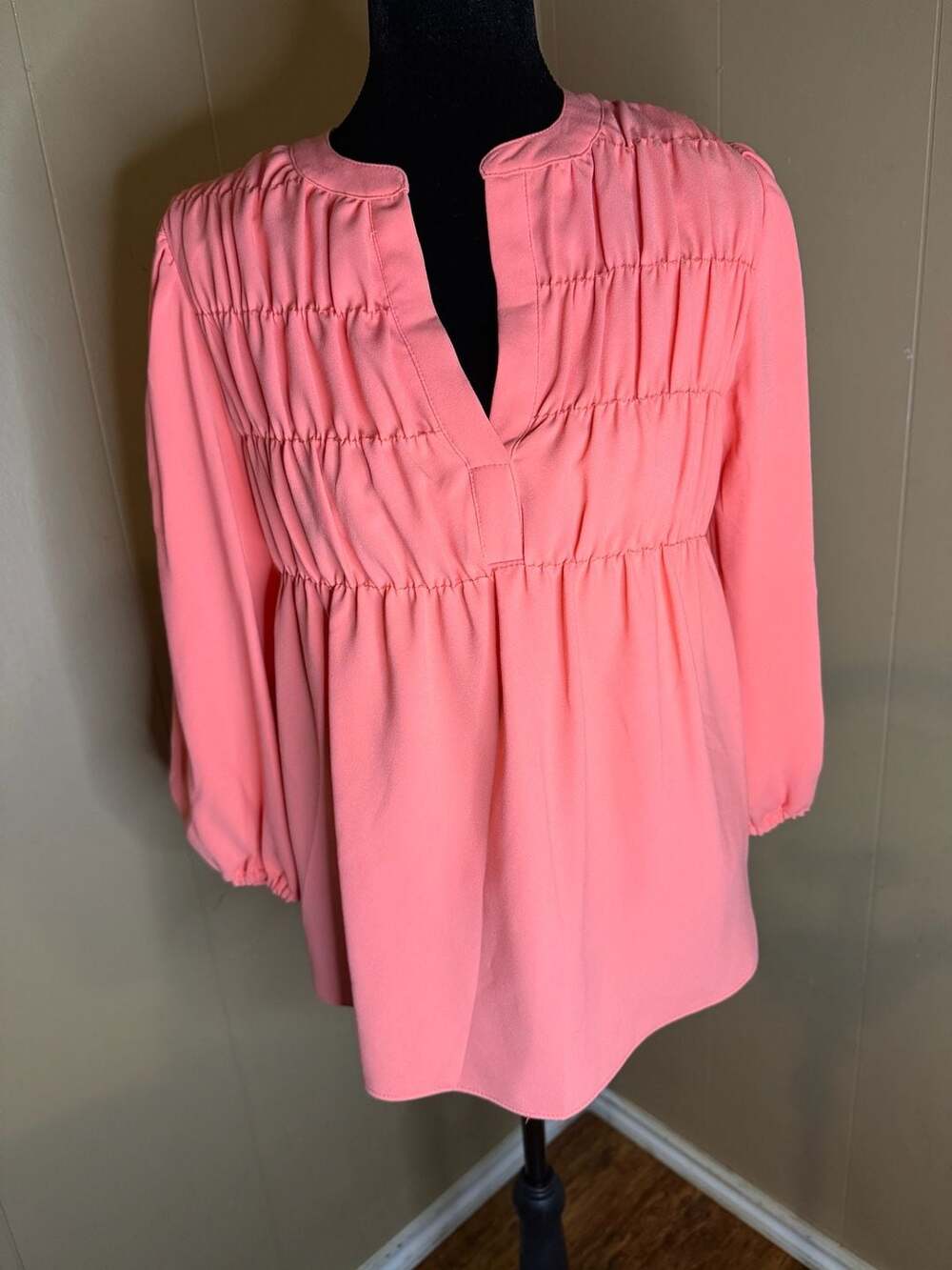 Trina Turk Azalea 2 Shirred-Detail Crepe Pullover Top in Salmon